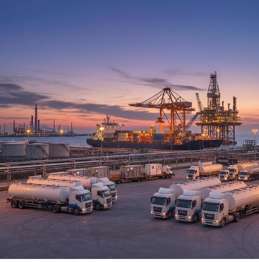 Port terminal with container ship, offshore platform, and tanker fleet at dusk